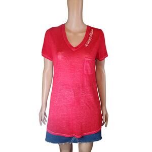 PEACE & PEARLS Burnout V Neck Long Pocket Tee "Good Vibes" Red Small